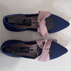 Rothy's Navy Flats with Blush Bow Accent